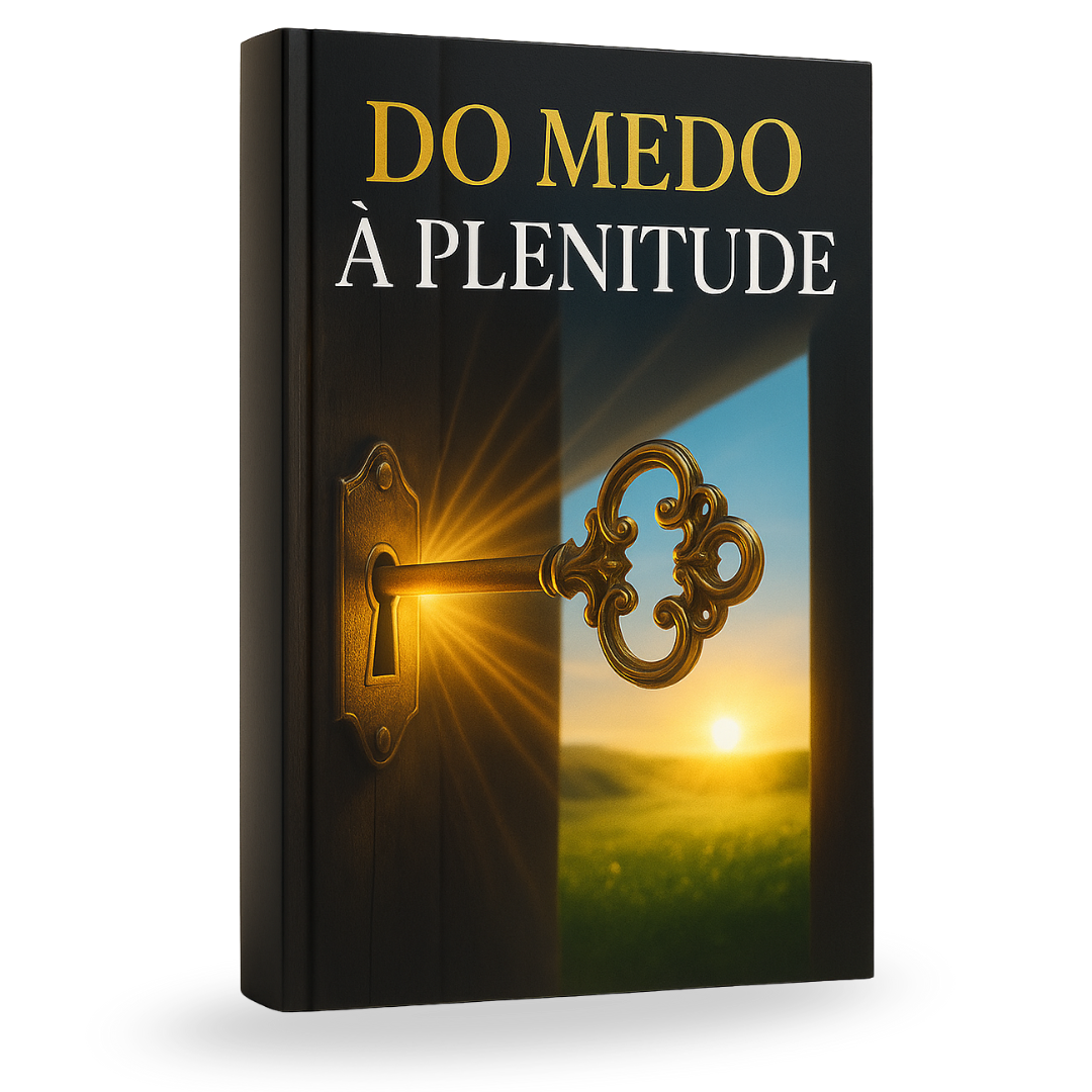Mockup 3D do e-book Do Medo à Plenitude com capa preta e detalhes vermelhos sob iluminação dourada
