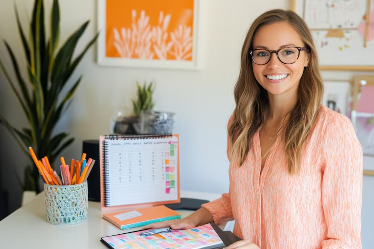 Professora organizada com seu planner pedagógico